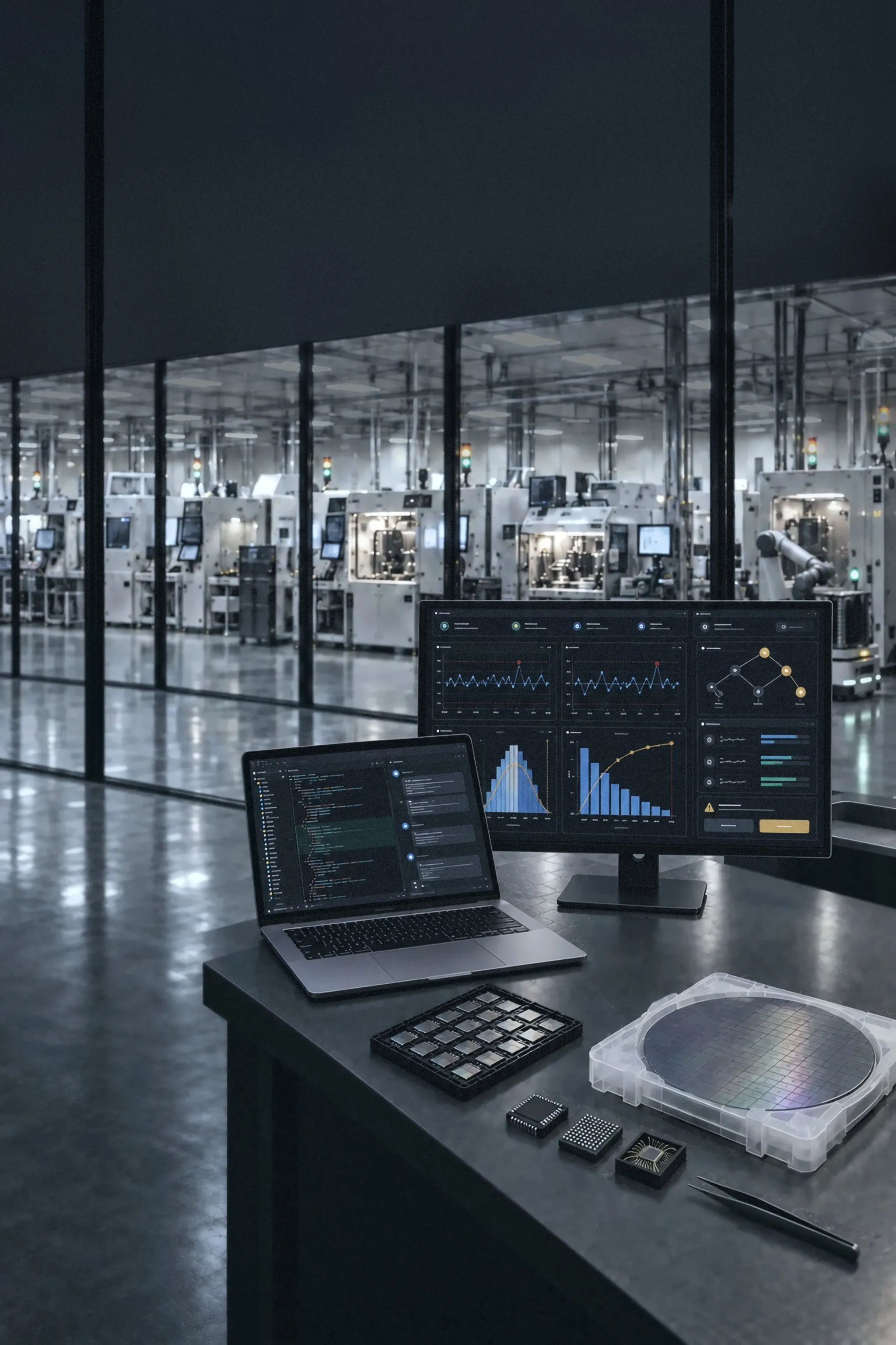A desk at night — a laptop open on code and an AI assistant in front of a monitor with SPC charts and an AI agent's fault diagnosis, a wafer, a waffle pack of dies and three packaged chips — before a glass wall, a row of semiconductor bonders and a wafer-handling AMR with a robot arm